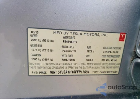 2015 Tesla Model S 85 из США, поврежденный, VIN 5YJSA1H10FFP17694